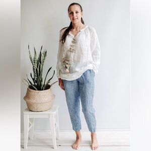 MagicLinen Tapered Leg Button Fly Linen Pants in Blue Melange S NWOT